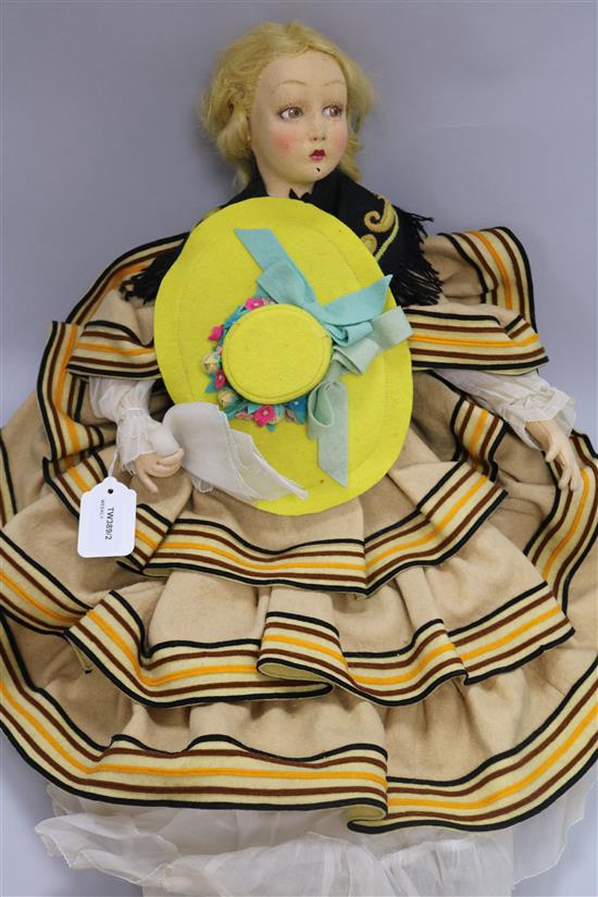 A 1920s boudoir doll, with stockinette head and cloth body, H approx 22in